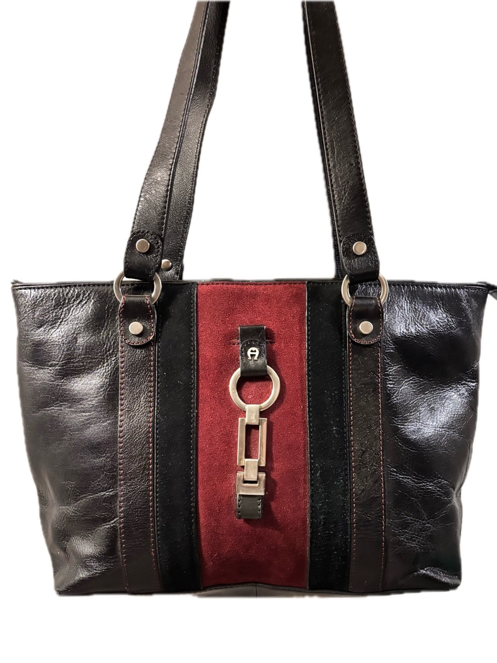 Leather Tote Bag with Red Accent Panel